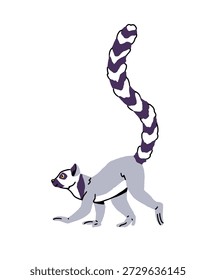 Cute ring tailed lemur walks side view. Funny catta, tropical monkey with striped tail strolls. Happy animal of Madagascar. Exotic character of jungle. Flat isolated vector illustration on white