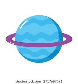 Cute ringed blue planet icon with purple orbit ring, flat cartoon illustration isolated on transparent background.