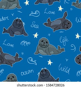 cute ringed seals, nerpas, cartoon drawing adorable animals on blue background with handwritten elements seamless pattern,  editable vector illustration kids decoration, fabric, textile, paper