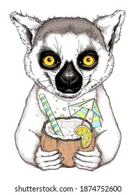 Cute ring-tailed lemur with cocktail in coconut. Vector illustration. stylish image for printing on any surface