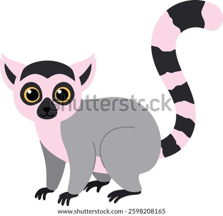 A cute ring-tailed lemur sits curiously, showcasing its vibrant gray and pink fur with striking black stripes on its tail, creating a cheerful atmosphere.