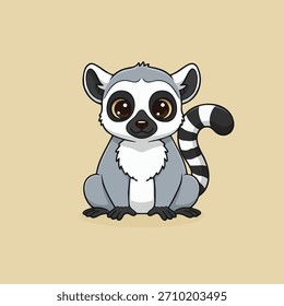 Lindo lémur de cola anillada sentado con grandes ojos brillantes y cola rayada. Adorable ilustración de primate de dibujos animados perfecta para libros infantiles, pegatinas, arte infantil, materiales educativos y diseño de personajes.