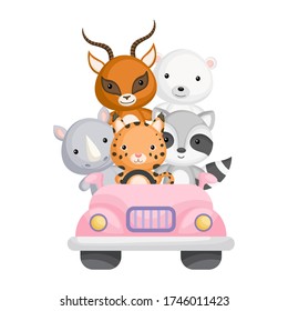 Cute rino, lynx, raccoon, gazelle and polar bear travel in pink car. Graphic element for childrens book, album, postcard, mobile game. Zoo theme. Flat vector illustration isolated on white background.