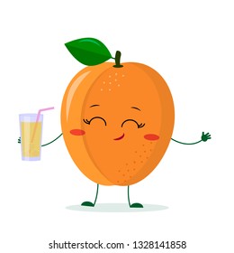 Cute ripe apricot cartoon character holding a glass with juice. Logo, template, design. Vector illustration, flat style.