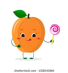 Cute ripe apricot cartoon character with lollipop. Logo, template, design. Vector illustration, a flat style.