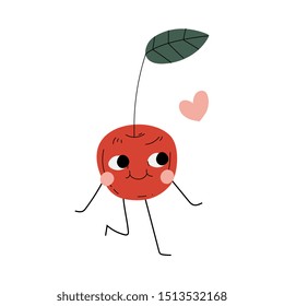Cute Ripe Cherry, Cheerful Berry Character with Funny Face Vector Illustration