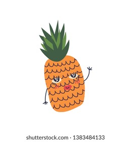 Cute Ripe Pineapple with Funny Face, Sweet Adorable Fruit Cartoon Character Vector Illustration