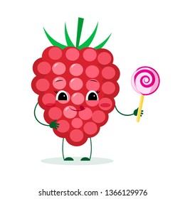 Cute ripe raspberries berry cartoon character with lollipop. Logo, template, design. Vector illustration, a flat style