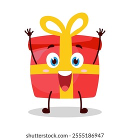 cute rise hand happy expression of red gift box cartoon character