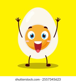 cute rise hand happy expression of half boiled egg cartoon character