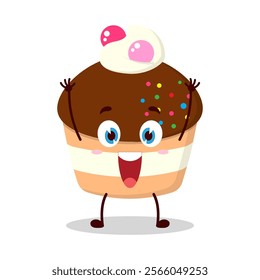 cute rise hand happy expression of muffin character
