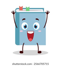 cute rise hand happy expression of blue book cartoon character
