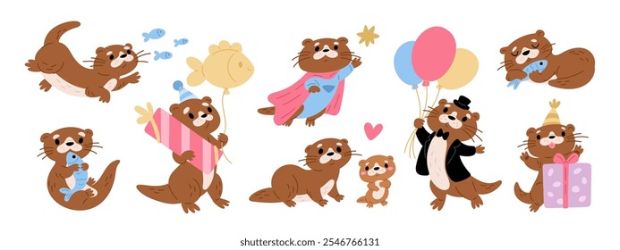 Cute river otters. Kawaii water animals. Fauna characters swim with fish. Mammals give holiday gifts. Funny marine creatures. Kawaii mascot sleeping. Birthday party