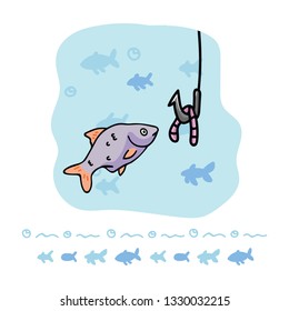 Cute roach fishing cartoon vector illustration motif set.