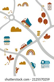 Cute road map for kid's room. Hand drawn vector illustration: vehicles, houses, plants and others. Nursery concept for wallpaper, bedding, poster, print.
