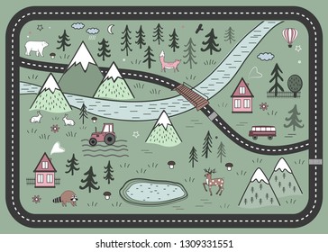 Cute Road Play Mat in Scandinavian Style. Vector River, Mountains and Woods Adventure Map with Houses, Wood, Field, and Animals.