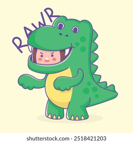 Cute Roaring Child in Green Dino Suit, Cute Kid in Dinosaur Costume Illustration, O personagem de design plano perfeito para conteúdo infantil, festas ou materiais educacionais.