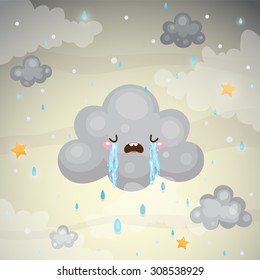 Cute roaring dark cloud and rain, children's illustration of "Why does it rain", vector.