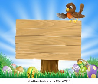 A cute robin bird character sitting on a message board sign surrounded by Easter eggs in a green field