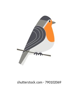 Cute Robin bird icon. Freehand cartoon comic style. Winter birds of city garden, backyard. Stylized funny animal isolated. Element for banner background. Vector design of logotype, advertisement label