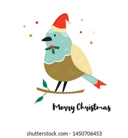 Cute robin bird on a branch. Christmas holiday illustration