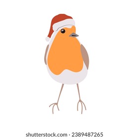 Cute robin bird in red Santa helper hat. Cartoon isolated vector illustration.