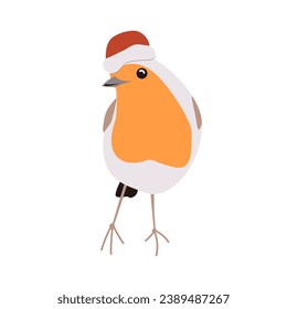 Cute robin bird in red Santa helper hat. Cartoon isolated vector illustration