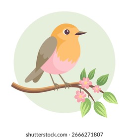 Cute robin bird sits on a tree branch with flowers. Flat style illustration.