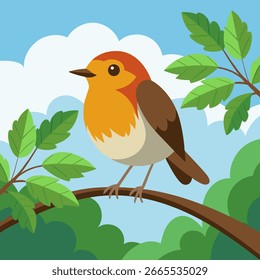 Lindo pájaro petirrojo sentado en una rama. Hermoso fondo de la naturaleza. Ilustración en estilo plano.