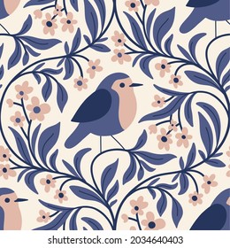 A cute robin. Seamless pattern with flowers and birds. Hand-drawn vector illustration in flat style. 