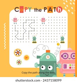 Cute Robot activities for kids. Copy the path for Robots. Logic games for children. Vector illustration. Book square format.