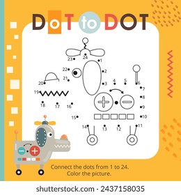 Cute Robot activities for kids. Dot to dot game – Dog. Numbers games for kids. Coloring page. Vector illustration.