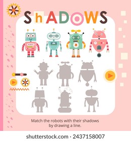 Cute Robot activities for kids. Find the correct shadow for robots. Vector illustration. Book square format.