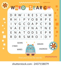 Cute Robot activities for kids. Word search game. Find the hidden words. Logic games for children. Vector illustration. Book square format.