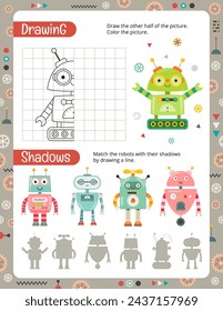 Cute Robot Activity Page for Kids. Printable worksheet with Robots Activities – drawing half, matching shadows. Vector illustration.