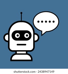 Cute robot, ai chatbot hi. It is isolated on a blue background. Speak bubble. Voice support service chat bot, online customer support assistant customer support logo icon logo