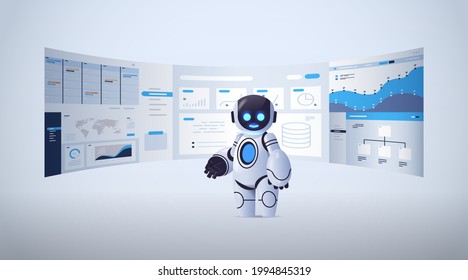 cute robot analyzing statistics financial data on virtual boards artificial intelligence technology concept