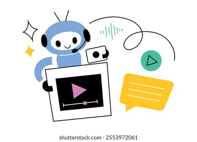 Cute robot with artificial intelligence creating videos, writing texts and messages, cute design, flat cartoon vector illustration for technology, automation, and communication themes