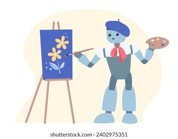 Cute robot artist paints picture on canvas. Art generated by artificial intelligence. Vector illustration