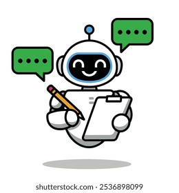 Cute Robot Assistant with Clipboard and Speech Bubbles Illustration