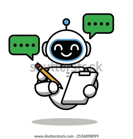 Cute Robot Assistant with Clipboard and Speech Bubbles Illustration