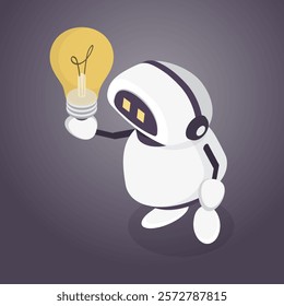 Cute robot assistant. Online learning concept. Isometric smart AI chat bot with idea lightbulb. 3d isometric flat illustration.