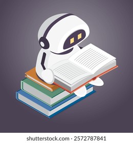 Cute robot assistant. Online learning concept. Smart AI chat bot reading a book. 3d isometric flat illustration.