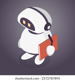 Cute robot assistant. Online learning concept. Isometric smart AI chat bot with book. 3d isometric flat illustration.