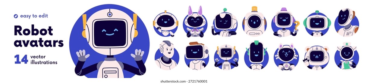 Lindos avatares de robots, conjunto de personajes de IA. Caras felices y sonrientes de asistentes digitales en marcos redondos circulares para perfiles de usuario. Divertidos bots de tecnología. Ilustración vectorial plana aislada sobre fondo blanco