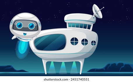 Cute robot beside a spaceship under starry sky