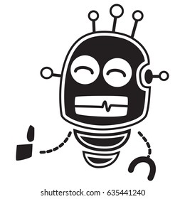 Cute robot black vector silhouette character isolated on white background. Cartoon icon.