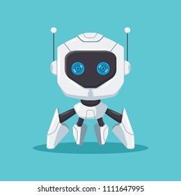 Cute robot with blue eyes and antennas. Vector flat cartoon character isolated on background.