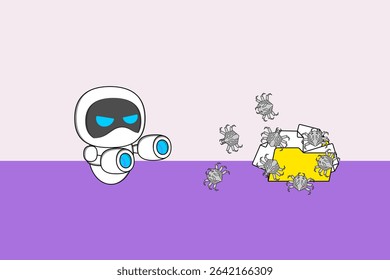 A cute robot with blue eyes stands beside a yellow folder, attack small virus-like spiders. Illustration vector design. EPS 10.