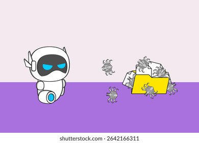 A cute robot with blue eyes stands beside a yellow folder, attack small virus-like spiders. Illustration vector design. EPS 10.
